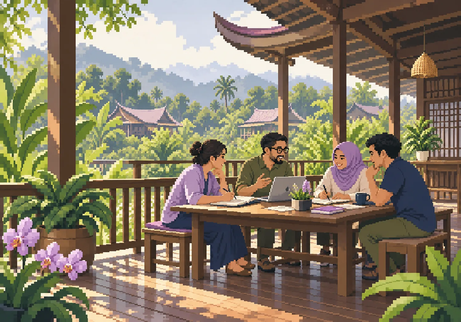 A small group exchanging ideas and working through notebooks on a shaded verandah.