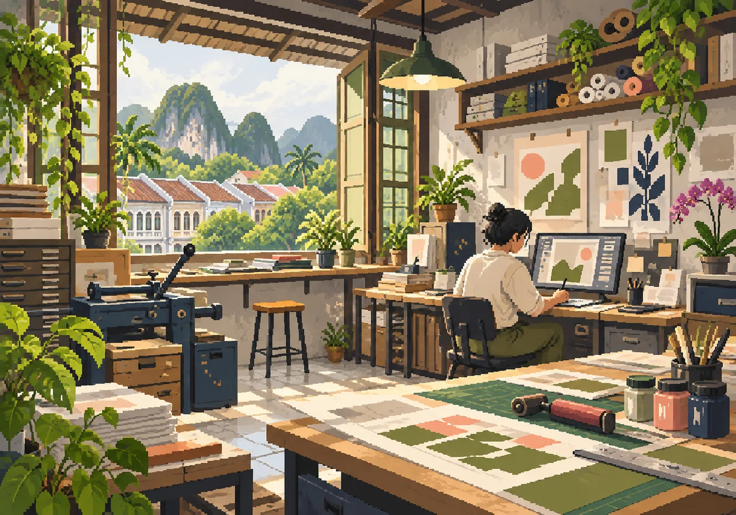 A designer working in a print workshop above Perak shophouses.