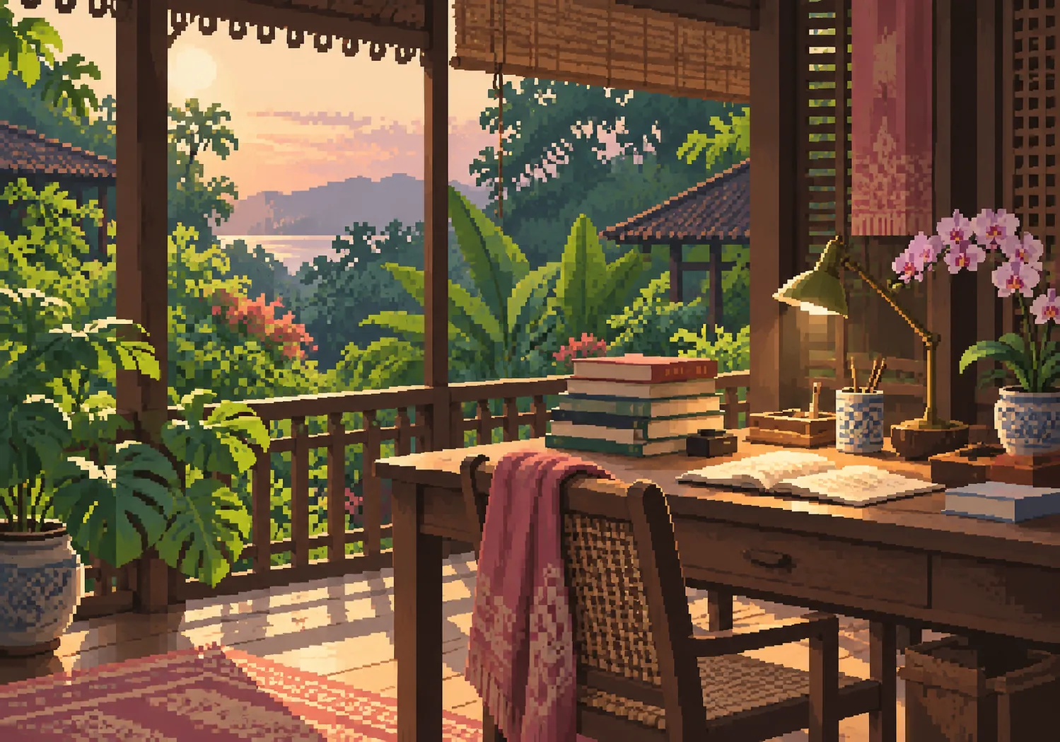 Books and an orchid on a quiet reading verandah at dusk.