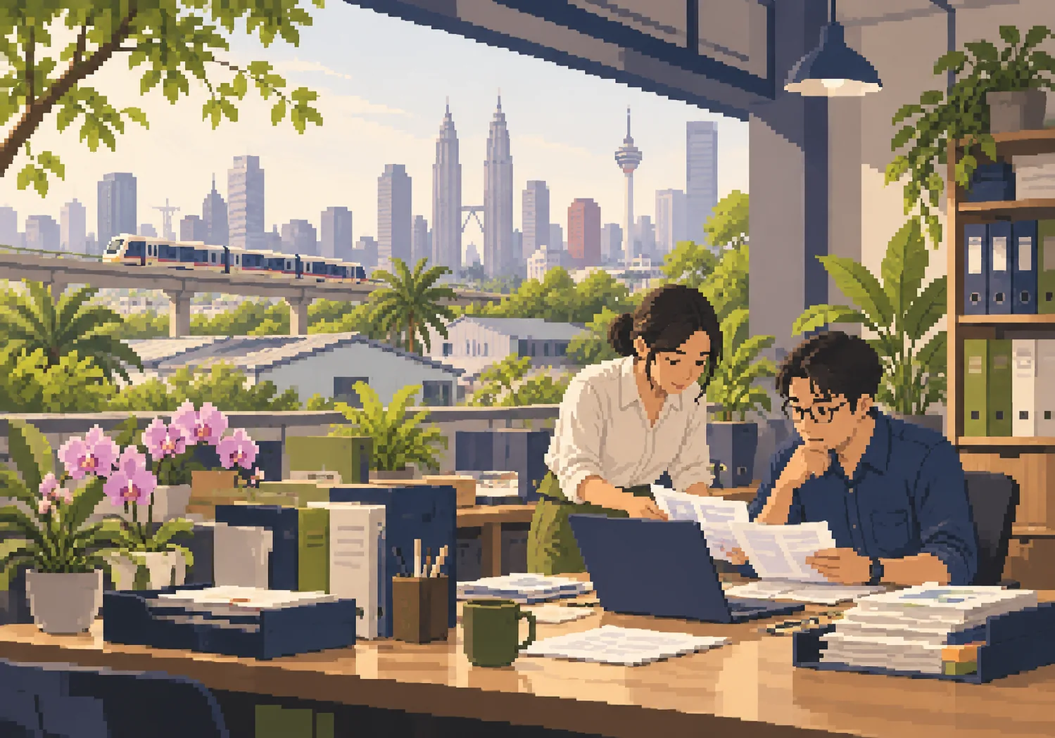 Two colleagues reviewing records together at a Kuala Lumpur office.